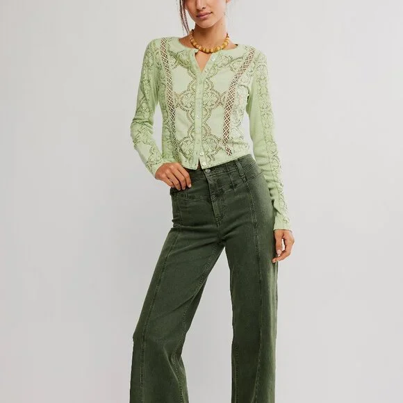 FREE PEOPLE Jae Knit Long Sleeve / Fresh Green NWT PTP 18” medium - Picture 5 of 7